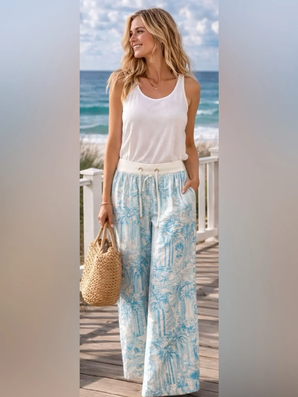 Lilly Pulitzer Beach Pants Small 33” Inseam Blue White palm Print Linen Sz Small - Picture 13 of 14